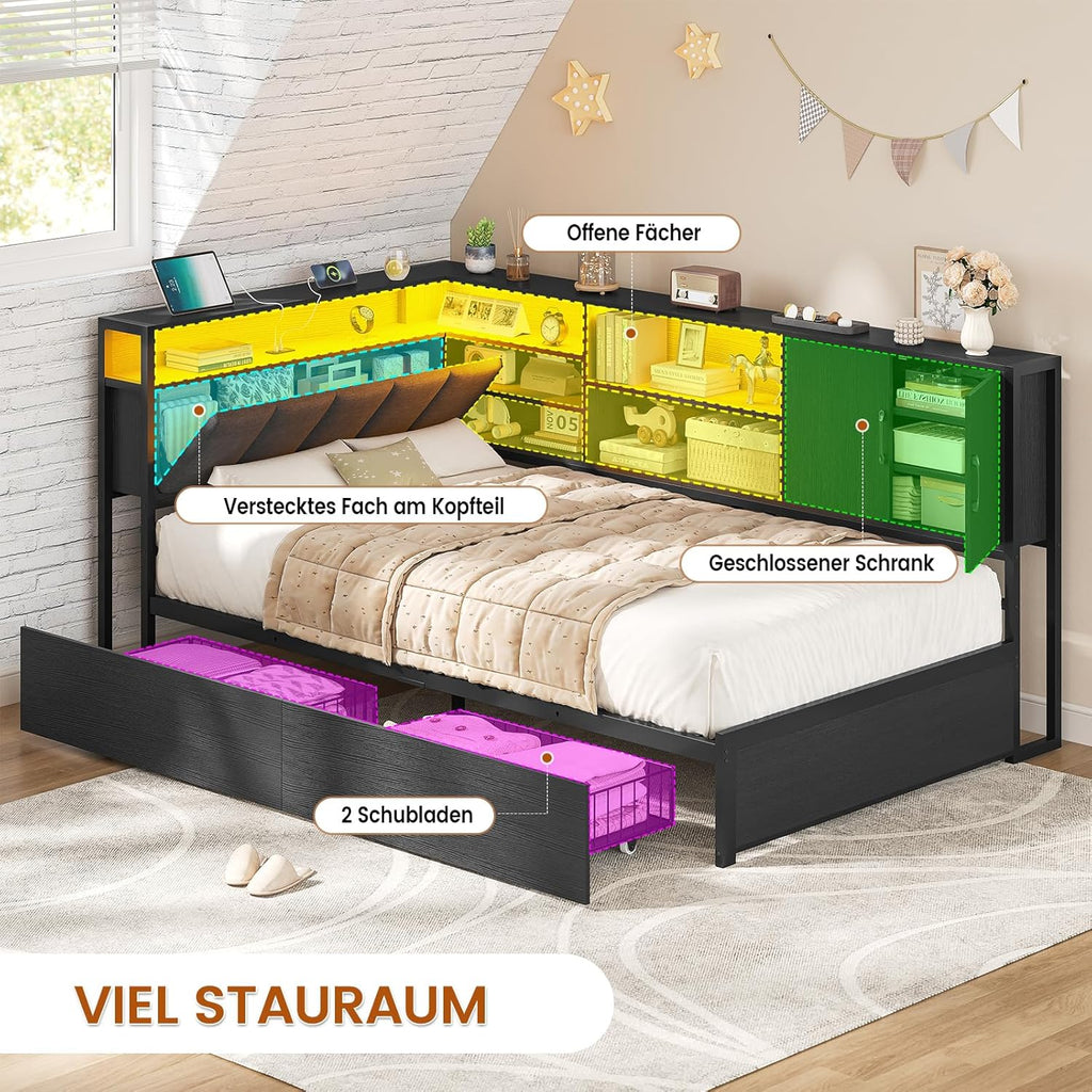 Polsterbett Schlafsofa 90x200 mit LED-Beleuchtung, Ladestation, Tagesbett, Jugendbett mit 2 Schubladen und Lattenrost aus Metall, Kopfteil mit Stauraum, Offene Regale, Schrank, Schwarz