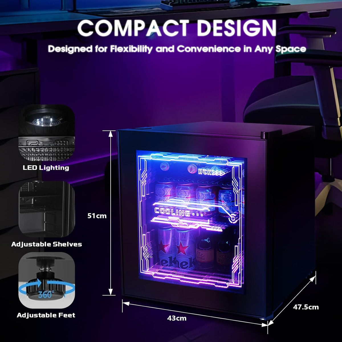 HCK Mini Kühlschrank 48L, Getränkekühlschrank mit Glastür und LED Beleuchtung, Cyberpunk Design, leise 39dB, 0-10â„?Bierkühlschrank für Gaming Room, Party, Bar, Schwarz
