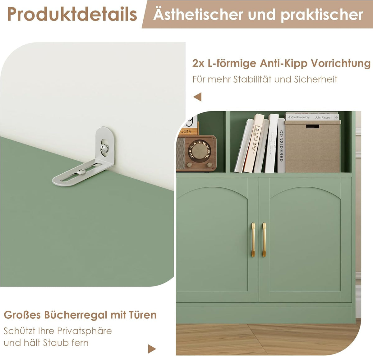 FirFurd 209 cm Bücherregal mit Türen Bücherschrank mit 15 Fächern Vitrinenschrank Hochschrank Holz Mehrzweckschrank groß für Wohnzimmer Arbeitszimmer Küche 150 x 23,7 x 209 cm Grün