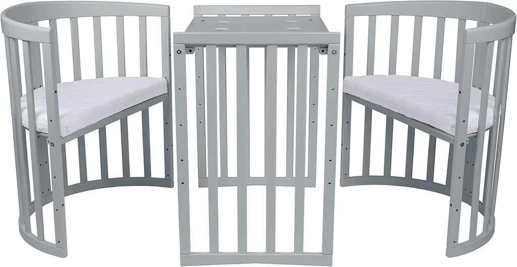 Waldin Oval Baby-Bett Mitwachsend Komplett Set 7in1, Gitterbett, Kinderbett mit Matratze, Wickelkommode, Beistellbett, Holz Weiß