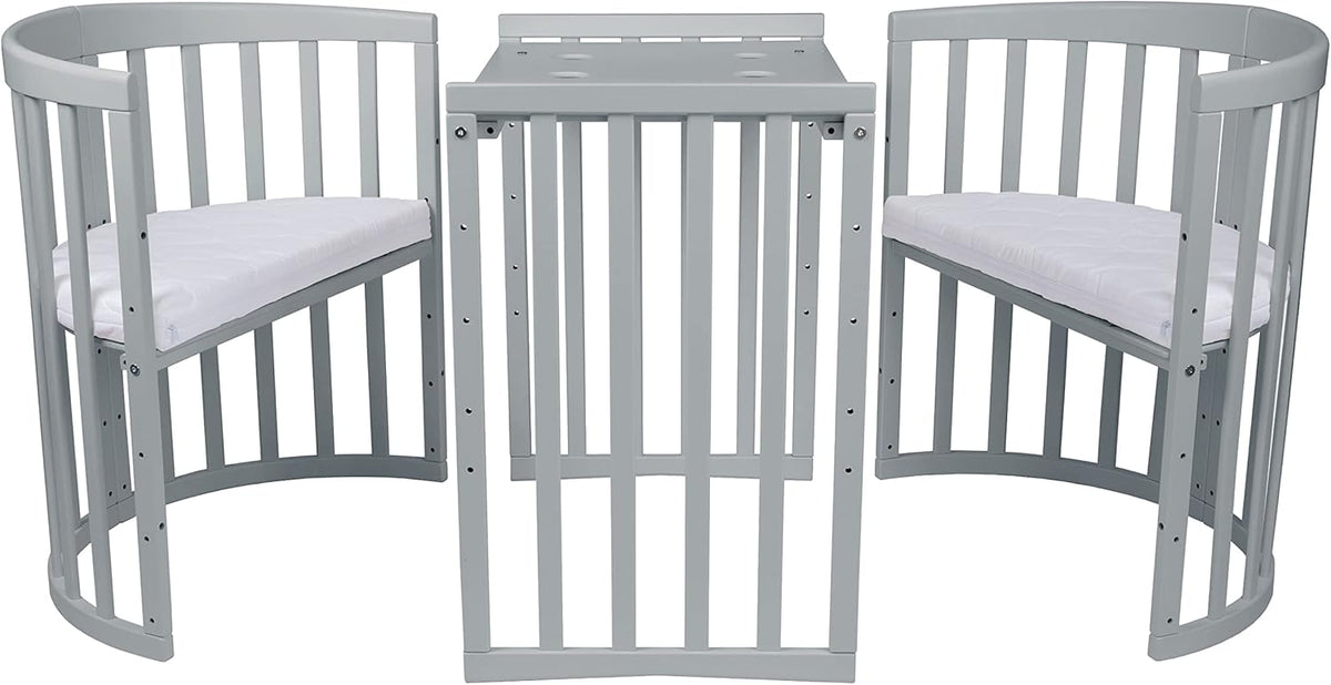 Waldin Oval Baby-Bett Mitwachsend Komplett Set 7in1, Gitterbett, Kinderbett mit Matratze, Wickelkommode, Beistellbett, Holz Weiß