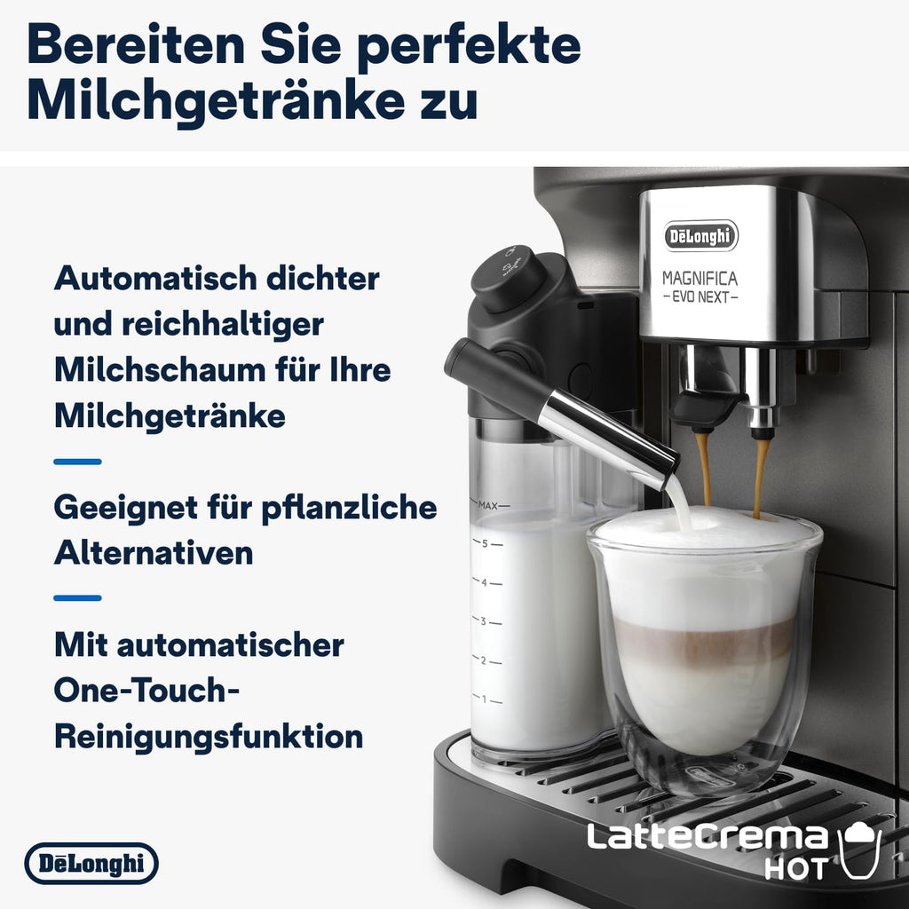 De'Longhi Magnifica Evo Next ECAM312.80.TB, Kaffeevollautomat mit 13 Getränken (Cappuccino, Espresso, Latte Macchiato), 2,4'' TFT Farbdisplay, LatteCrema Milchsystem, 2-Tassen-Funktion, Titan