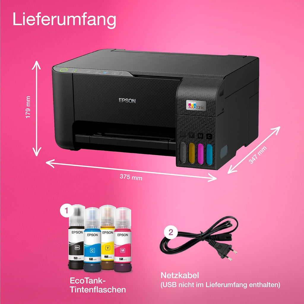 EcoTank ET-2862 Multifunktionsdrucker 3-in-1 A4, nachfüllbare Tanks, hohe Kapazität, 4 Flaschen enthalten 4500 Seiten B/N 7500 Seiten, Farbe, LCD-Display, USB, Wi-Fi/Direct beidseitig, Schwarz
