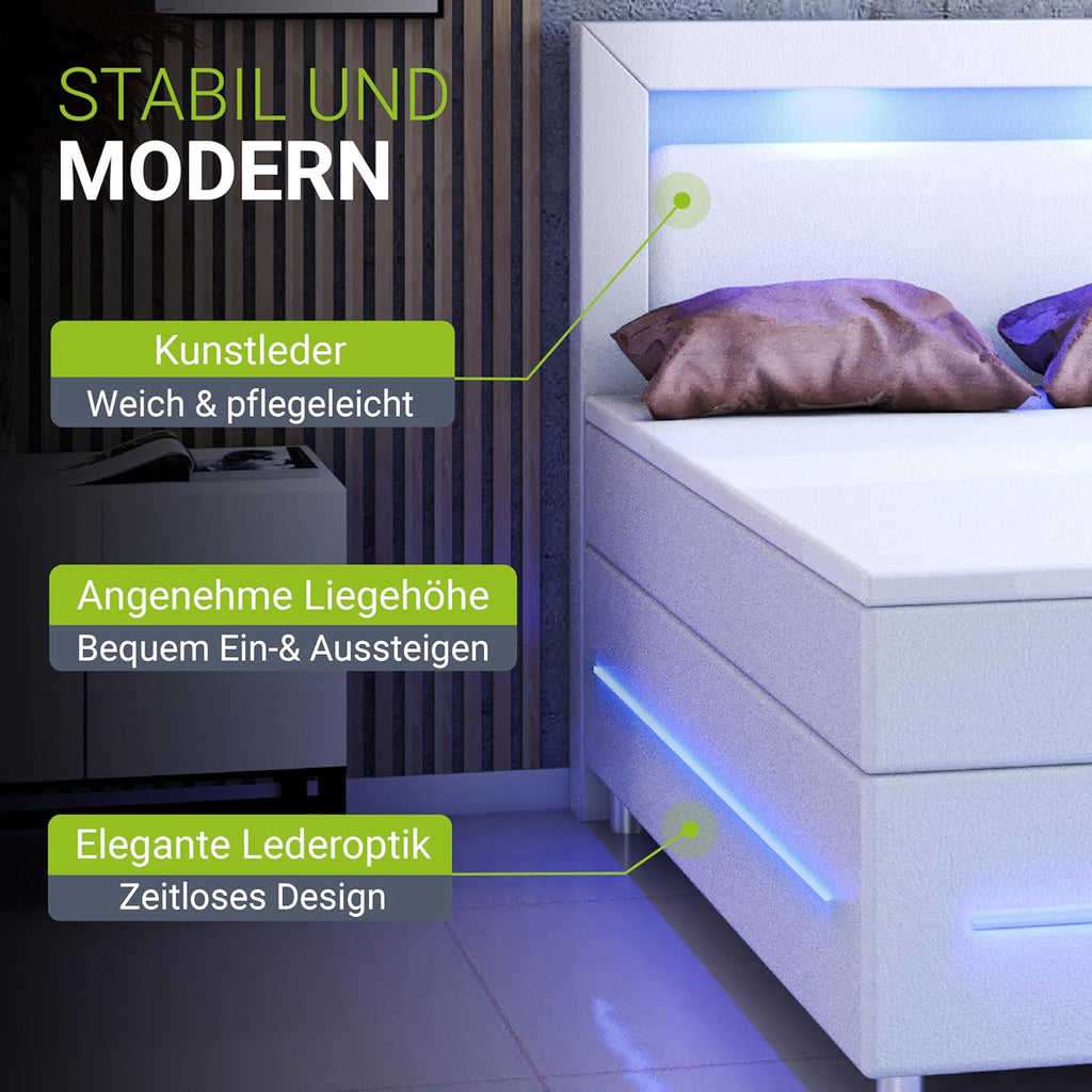 Juskys Boxspringbett Norfolk 180x200 cm - LED Beleuchtung, Bonell Matratze & Topper - 66 cm Komforthöhe - weiß - Bett Doppelbett Polsterbett