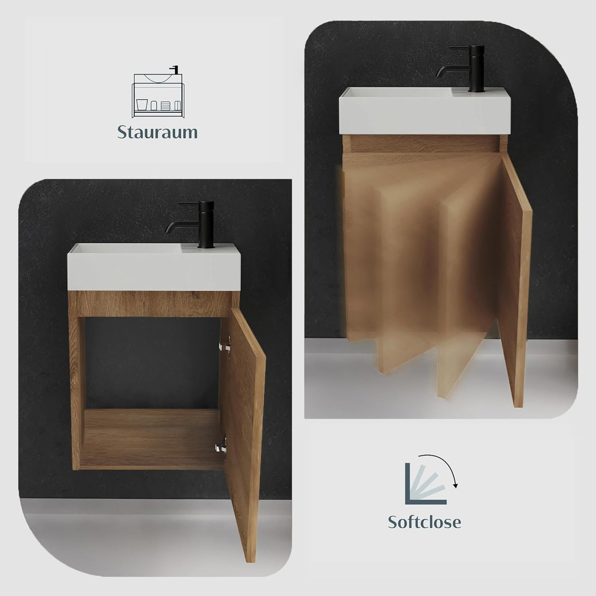 Alpenberger Waschbecken mit Unterschrank 45 cm | Badezimmermöbel Set | Kleines Waschbecken Gäste WC | Waschtisch Set | Unterschrank Bad Waschbeckenunterschrank Bamboo