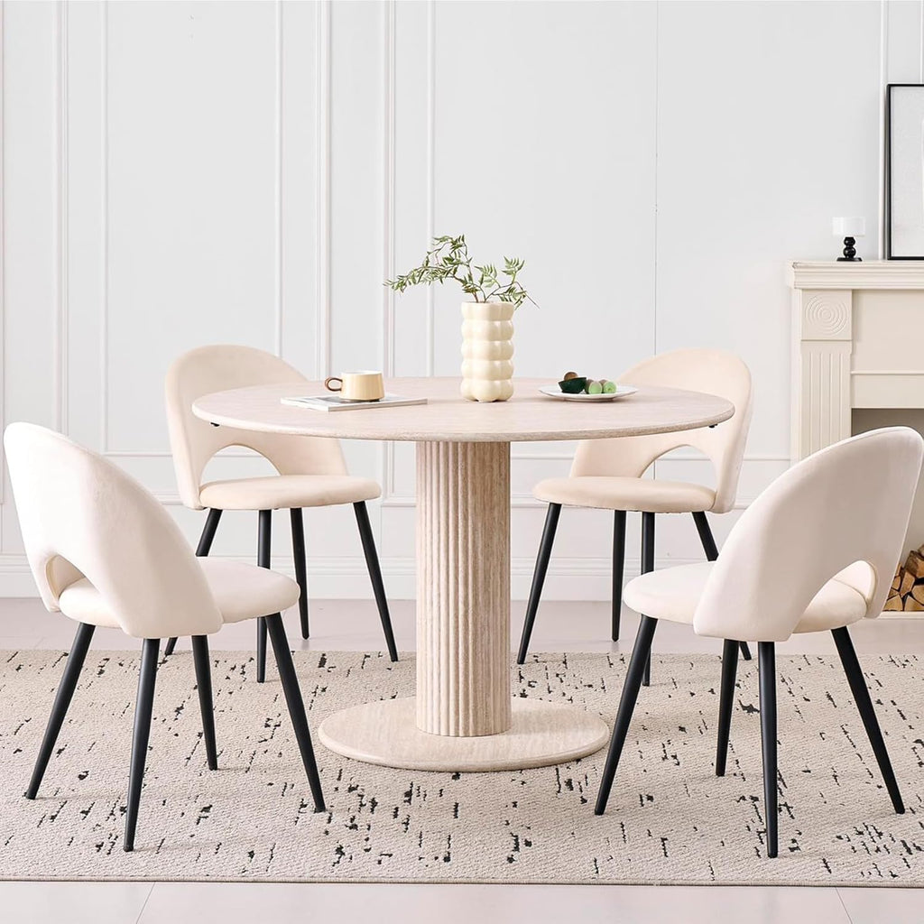 115cm Runder Esstisch mit 4 Esstischstühlen, Küchentisch aus MDF (Travertin-Maserung) und 4 Stühle für Küche, Esszimmer, Wohnzimmer und Büro (Beige)