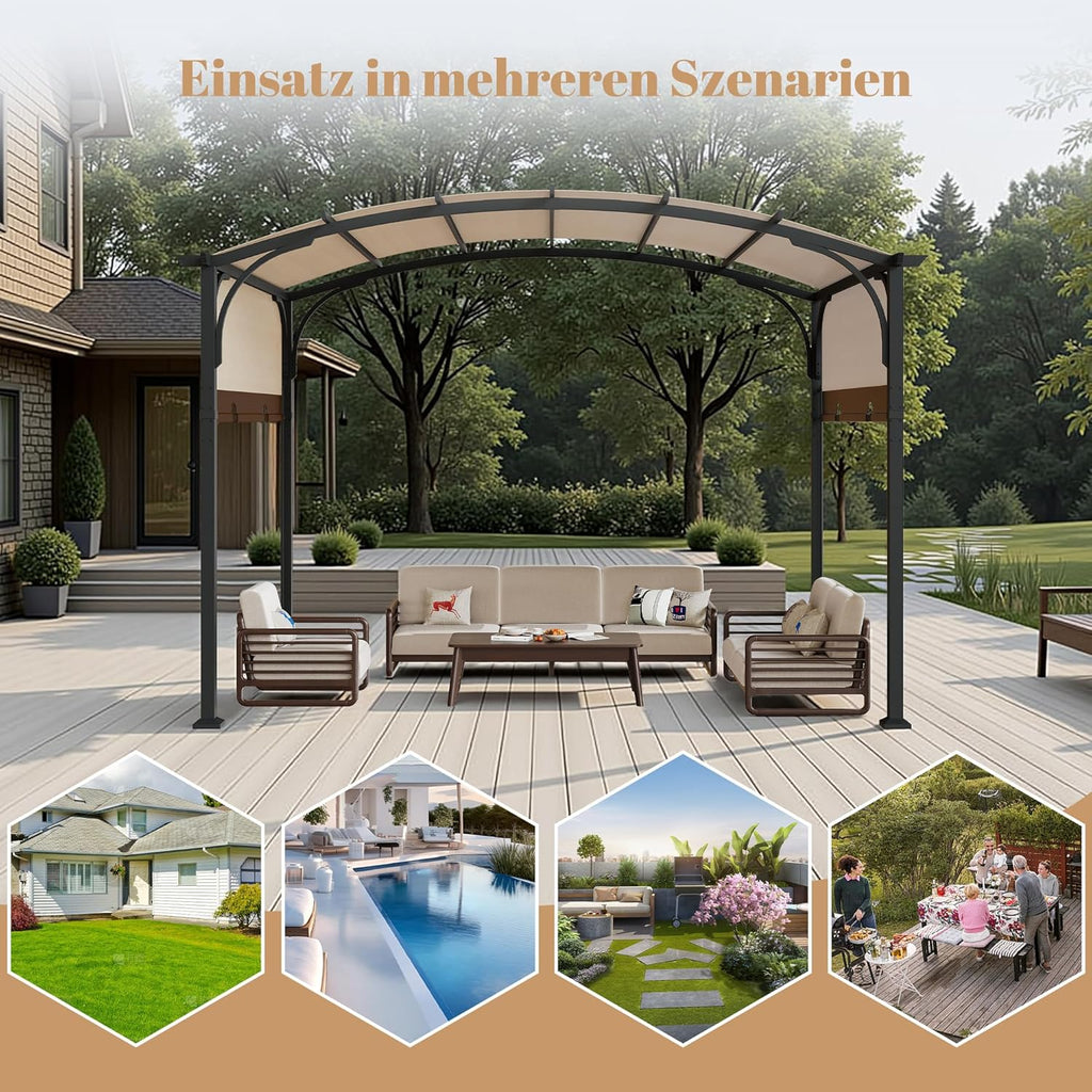 Pergola mit Schiebedach, 3,3 × 2,7 m Wasserdichtes Gartenpavillon mit Metallpfosten, Gebogenem Dach für Terrasse, Garten oder Deck, UV-Schutz, Beige