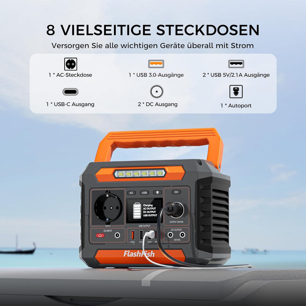 FlashFish 230Wh Tragbare Powerstation mit Solarpanel 60W, Solar Generator 300W(Spitze 600W) mit 2 DC-Anschlüsse, 4 USB-Anschlüsse, LED-Lichter, Notstromaggregat für Camping, Unterwegs,Stromausfälle