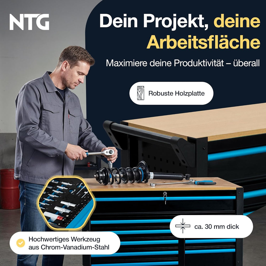 NTG Werkzeugwagen XXL â€?471-tlg. bestückt â€?12 Schubladen mit Holzarbeitsplatte, abschließbar, mobil auf Rollen â€?Profi Werkstattwagen aus Metall für Garage & Werkstatt