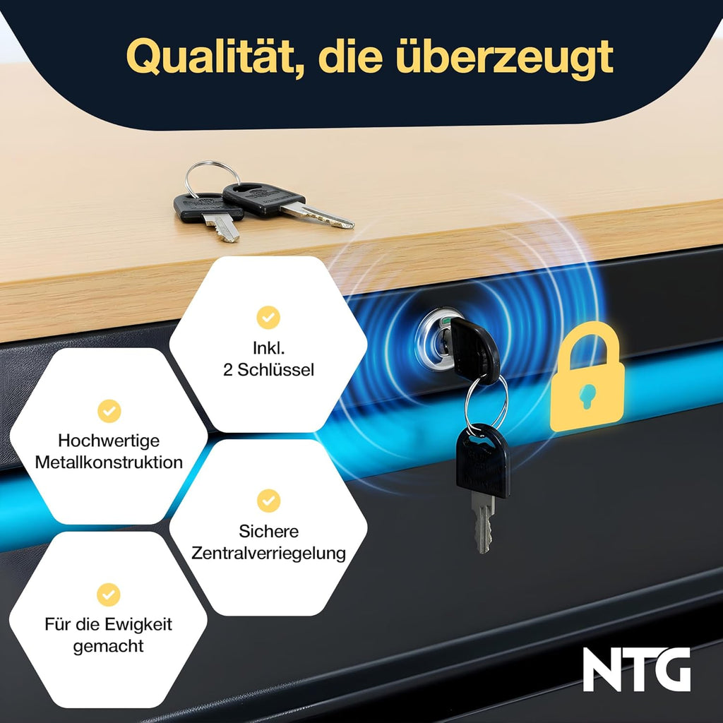 NTG Werkzeugwagen XXL â€?471-tlg. bestückt â€?12 Schubladen mit Holzarbeitsplatte, abschließbar, mobil auf Rollen â€?Profi Werkstattwagen aus Metall für Garage & Werkstatt