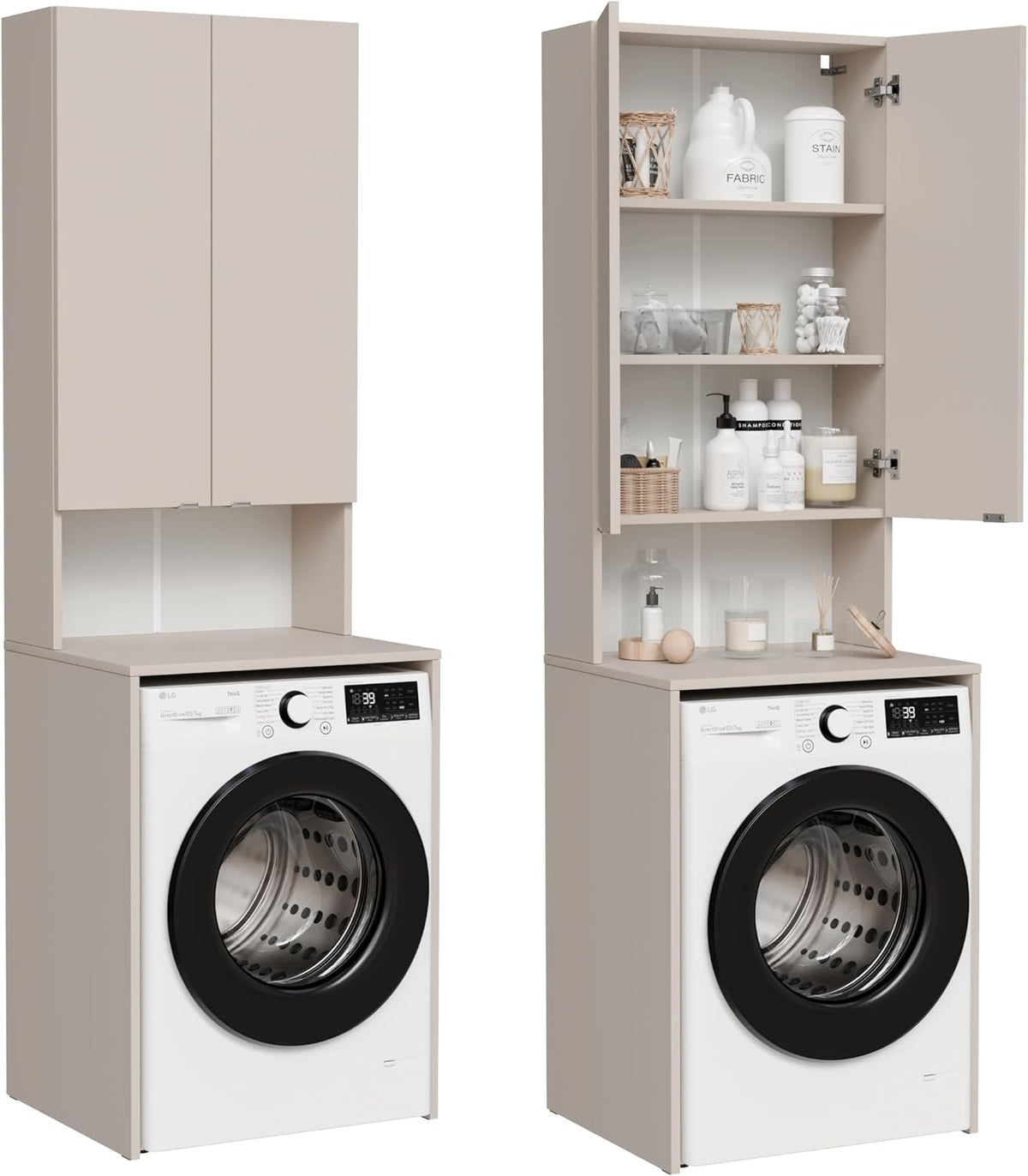 PLATAN ROOM Waschmaschinenschrank Badezimmer Hochschrank Überbauschrank für Waschmaschine und Wäschetrockner 210 x 65 x 50/56 cm weiß (Kaschmir (beige), 56 cm tief)