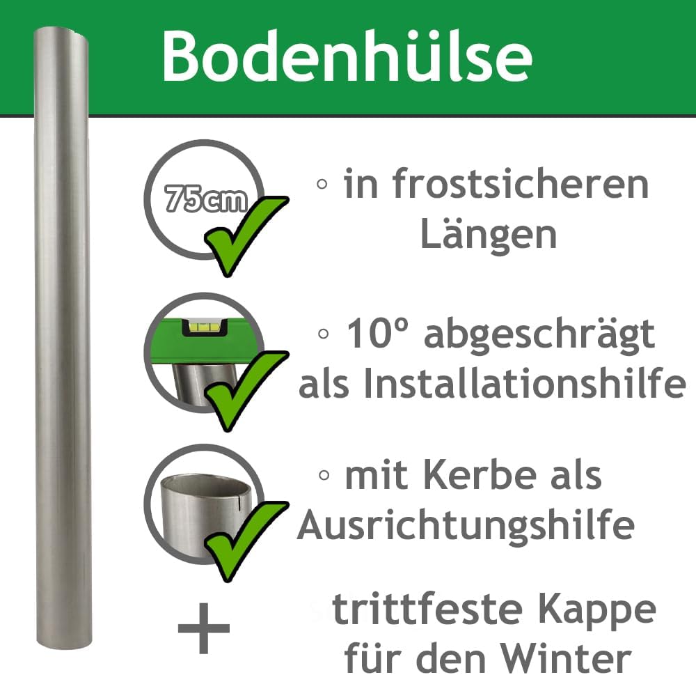 Sonnensegel Stangen Set - ø70mm, höhenverstellbar 3m, aus V2A Edelstahl inkl. Zubehör - 4-Fach Flaschenzug-Set & 0,75m Bodenhülse | Befestigung für sehr große Segel (3er Set)