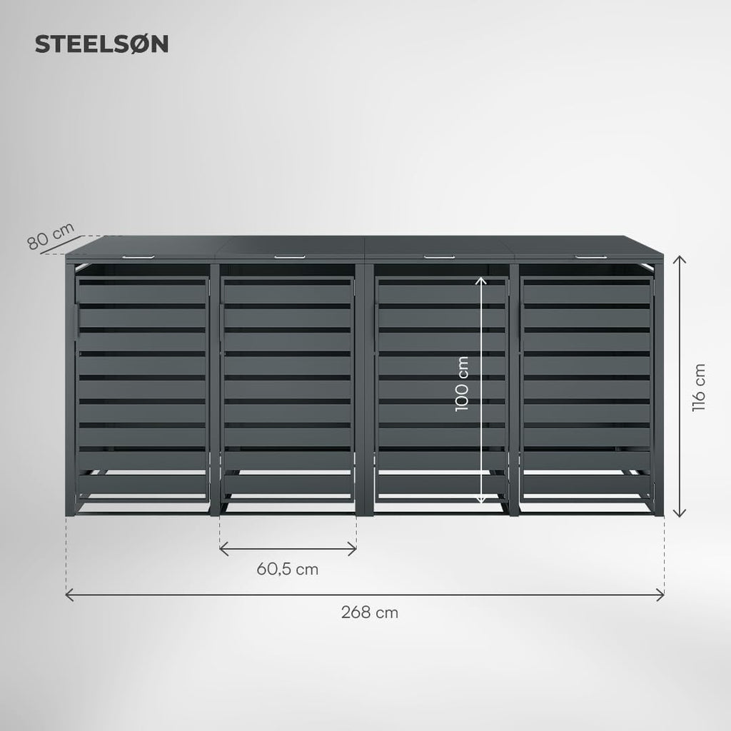 STEELSØN Kestra Mülltonnenbox 4er bis 240L â€?Mülltonnenverkleidung mit Sichtstreifen aus Stahl â€?hochwertige Müllcontainer in Anthrazit für 4 Tonnen â€?Müllbox/Gerätebox wetterfest & UV-beständig