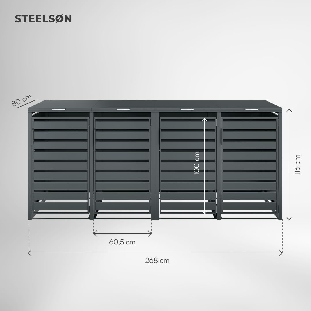 STEELSØN Kestra Mülltonnenbox 4er bis 240L â€?Mülltonnenverkleidung mit Sichtstreifen aus Stahl â€?hochwertige Müllcontainer in Anthrazit für 4 Tonnen â€?Müllbox/Gerätebox wetterfest & UV-beständig