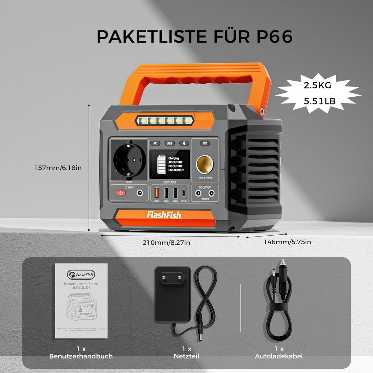 FlashFish 230Wh Tragbare Powerstation mit Solarpanel 60W, Solar Generator 300W(Spitze 600W) mit 2 DC-Anschlüsse, 4 USB-Anschlüsse, LED-Lichter, Notstromaggregat für Camping, Unterwegs,Stromausfälle