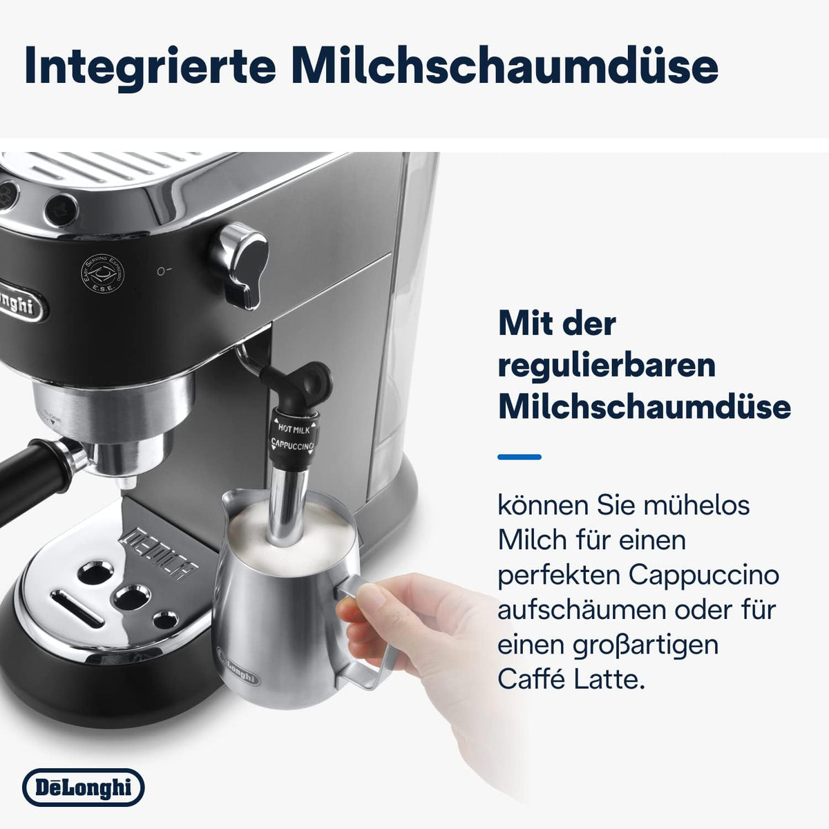 De'Longhi Dedica Style EC 685.M â€?Espresso Siebtrgermaschine, Espressomaschine mit professionellem Milchaufschumer, nur 15 cm breit, für Kaffeepulver oder ESE Pads, 1 l Wassertank, silber