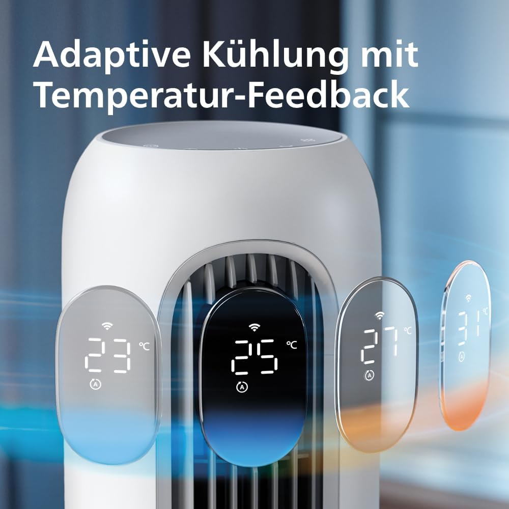 Philips Smarter Turmventilator 7000 Series â€?8,4 m/s stark, ultraleise 22 dB, energieeffizient, App & Fernbedienung, Wlan, 12 Stufen, Schlafmodus, Temp‑Anzeige, 12‑h Timer, 80° Oszillation (CX7550/00)