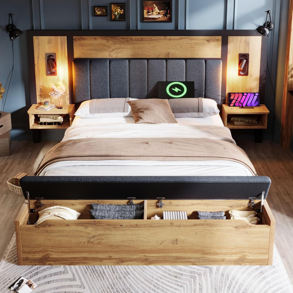 Kebnor Doppelbett Polsterbett, Bettanlage mit Leselampe und USB C Nachttisch und Sitzbank mit Stauraum, Bettgestell mit Lattenrost aus Metall, Holz und Leinen, Eiche(Ohne Matratze) (180×200cm)