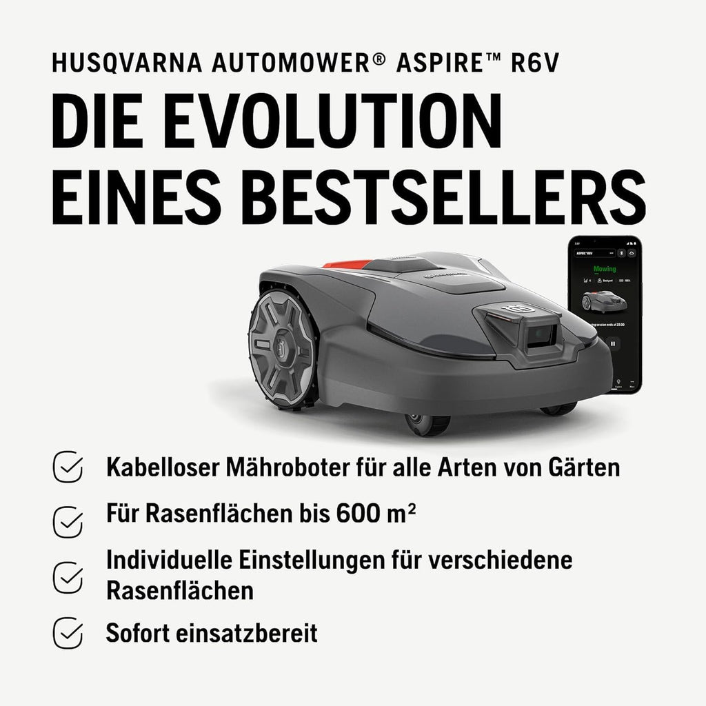 HUSQVARNA Automower® Aspire R6V Mähroboter â€?ohne Begrenzungskabel, AI Vision, GPS-Navigation, App-Steuerung, virtuelle Zonen, bis 600 m² â€?inkl. 6 Ersatzmesser