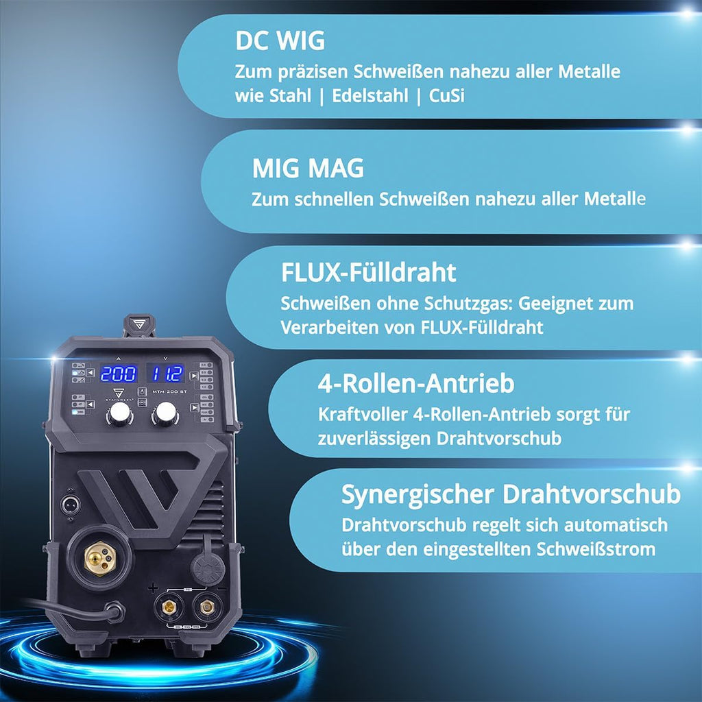 STAHLWERK Schutzgasschweißgerät 3-in-1 Kombi MTM-200 ST â€?Vollausstattung â€?WIG, MIG/MAG, MMA/E-Hand bis 200 A, synergischer Drahtvorschub, 4-Rollen-Antrieb, Fülldraht geeignet, Stahl, Dünnblech