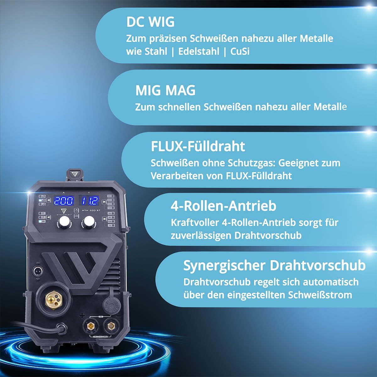 STAHLWERK Schutzgasschweißgerät 3-in-1 Kombi MTM-200 ST â€?Vollausstattung â€?WIG, MIG/MAG, MMA/E-Hand bis 200 A, synergischer Drahtvorschub, 4-Rollen-Antrieb, Fülldraht geeignet, Stahl, Dünnblech