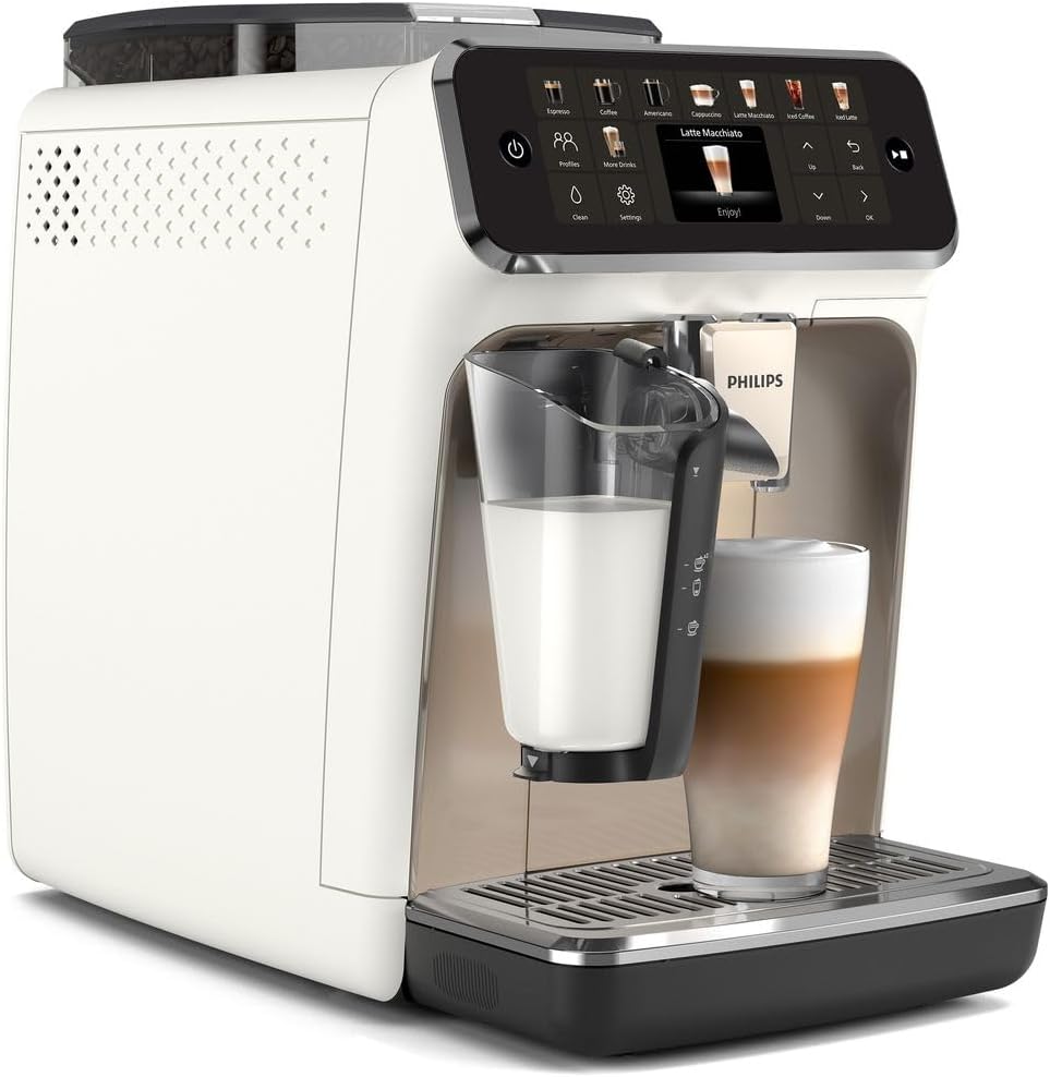 PHILIPS 5500 Series Kaffeevollautomat â€?20 Getränke, Modernes Farb-Touchdisplay, LatteGo-Milchsystem, SilentBrew-Technologie, 100% Keramikmahlwerk, QuickStart, 1,8L Wassertank, Weißchrom (EP5543/90)