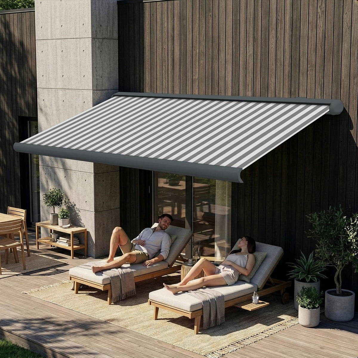 Eclipse Vollkassettenmarkise elektrisch 5,6x3,5 m basaltgraues Gehäuse Markise Balkon Terrassenüberdachung Gelenkarm Polyacryltuch UV-Schutz 50+ Smarthome-fähiger Dooya Motor, Markisentuch: Grau-Weiß