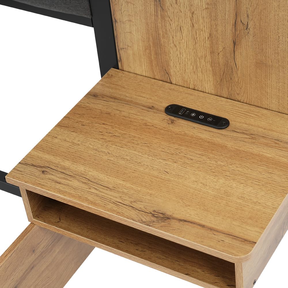 Kebnor Doppelbett Polsterbett, Bettanlage mit Leselampe und USB C Nachttisch und Sitzbank mit Stauraum, Bettgestell mit Lattenrost aus Metall, Holz und Leinen, Eiche(Ohne Matratze) (180×200cm)