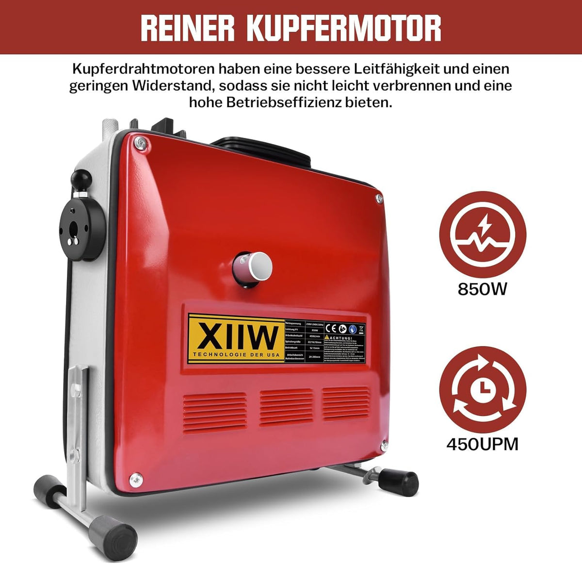 850W Elektrische Rohrreinigungsmaschine Satz zum Ø20-200mm Rohrleitungen Spirale 33m x Ø16 mm + 14m x Ø22mm, 5m x Ø10mm, Rohrreinigungsgerät Set Rohrreiniger Reinigung Abflussreiniger, 450U/M