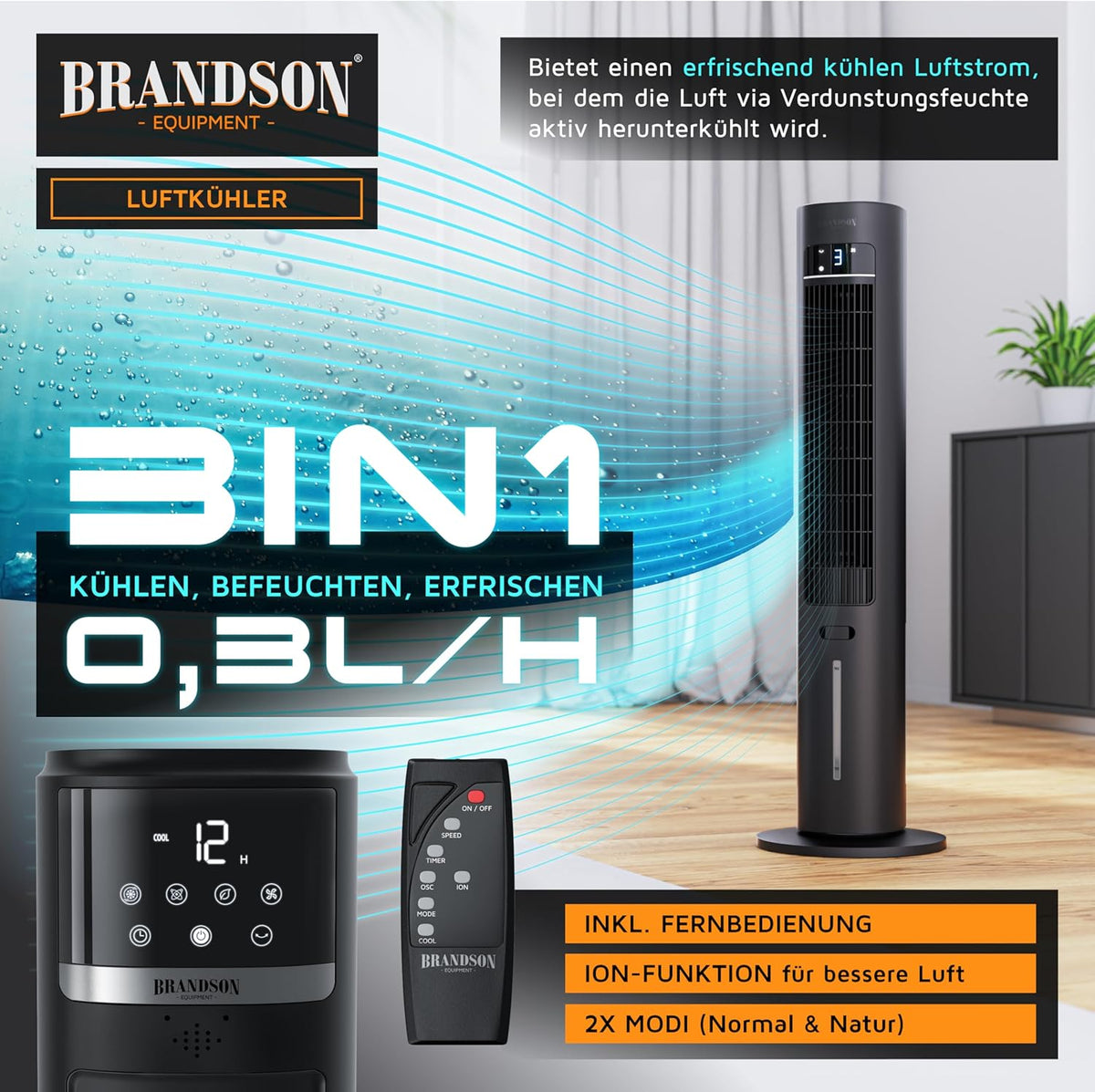 Brandson â€?mobiler Luftkühler mit Wasserkühlung im ECO Design - DC Motor sehr leise - 60% Energieeinsparung - Sieger Ventilatoren und Luftkühler 2026 - Turmventilator â€?Oszillation â€?Ion Funktion