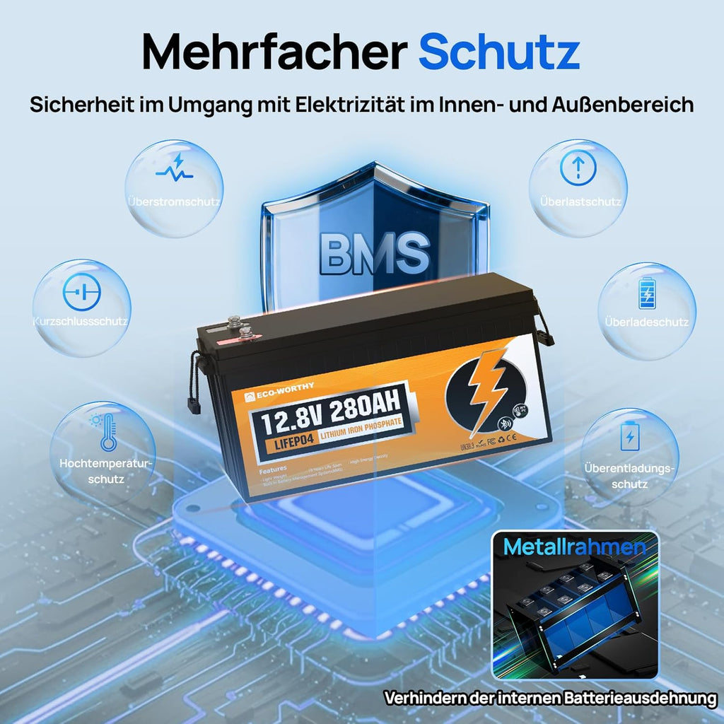 ECO-WORTHY LiFePO4 280Ah Bluetooth, Lithium Batterie 12V 280ah mit BMS Low Temperature Schutz und Max. 15000 Zyklens,3584Wh Autobatterie für Wohnmobil,Boot,Solarpanel
