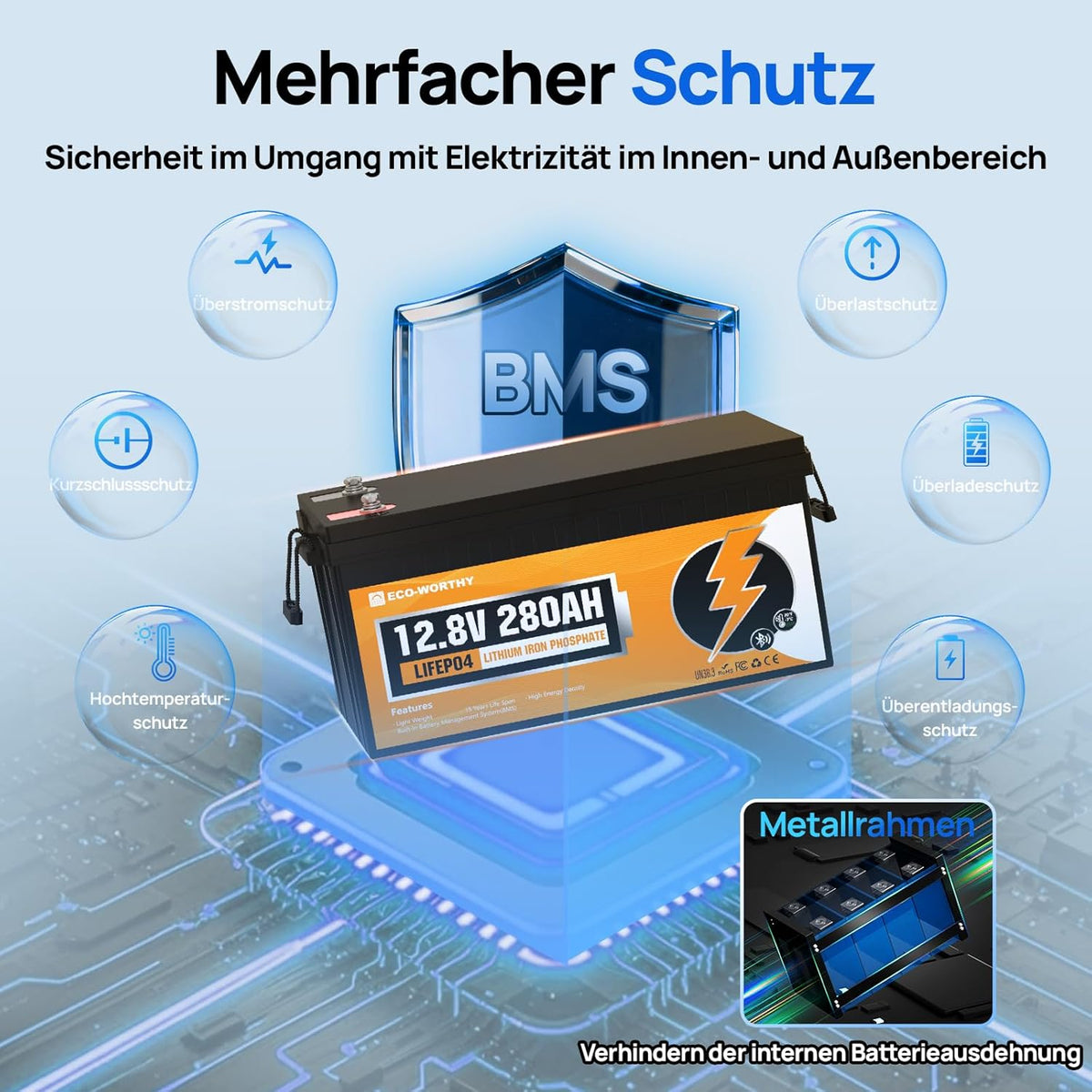 ECO-WORTHY LiFePO4 280Ah Bluetooth, Lithium Batterie 12V 280ah mit BMS Low Temperature Schutz und Max. 15000 Zyklens,3584Wh Autobatterie für Wohnmobil,Boot,Solarpanel