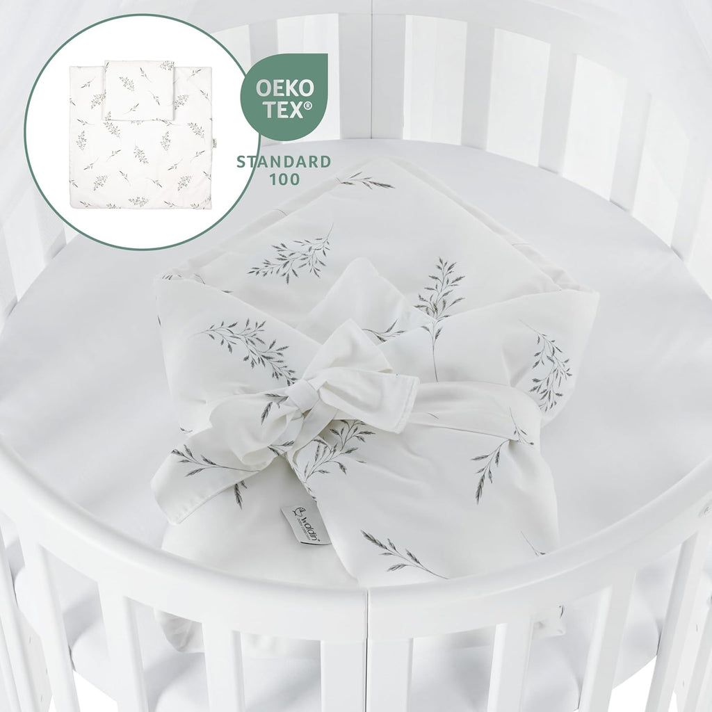 Waldin Oval Baby-Bett Mitwachsend Komplett Set 7in1, Gitterbett, Kinderbett mit Matratze, Wickelkommode, Beistellbett, Holz Weiß
