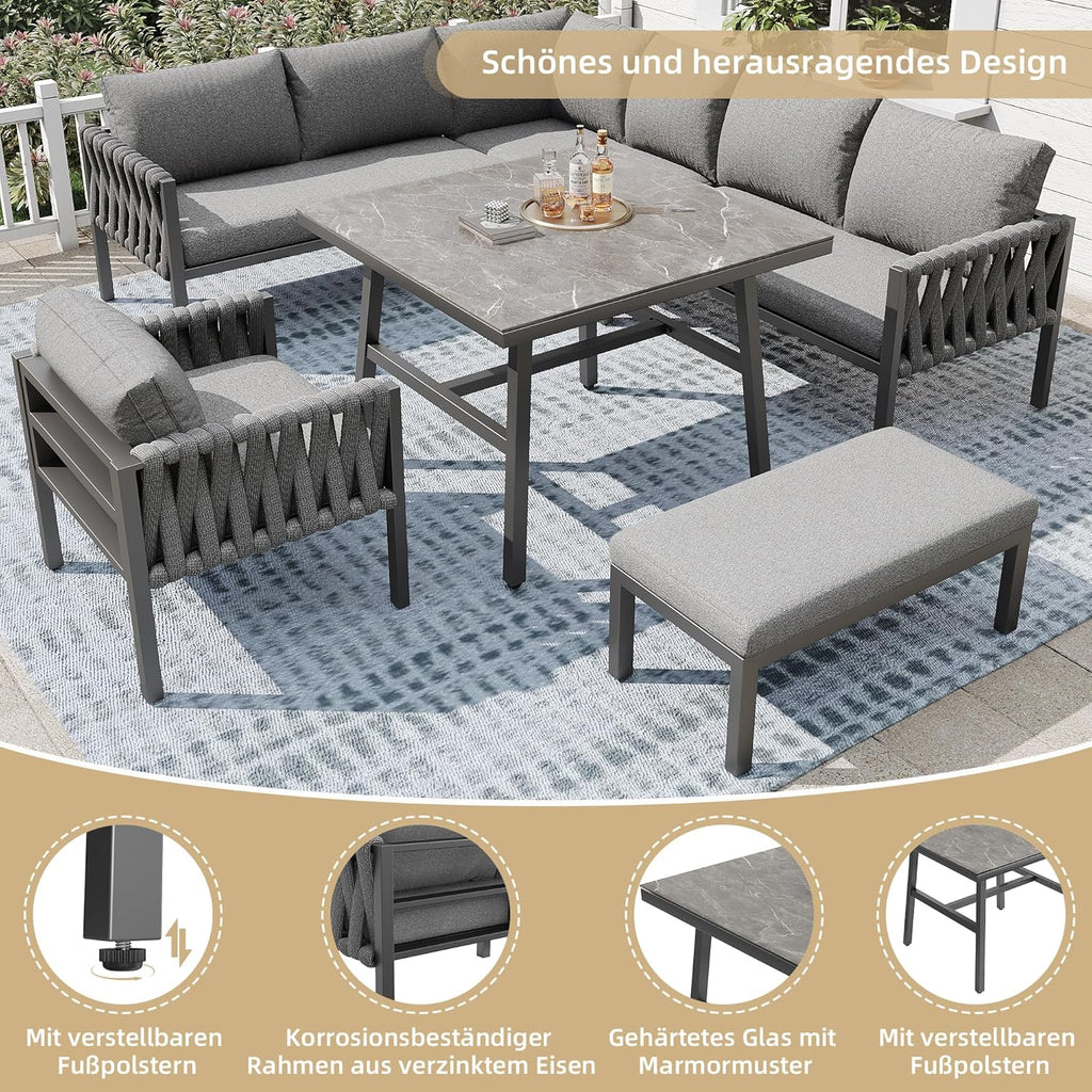 Merax Gartenmöbel Set 8-9 Personen, Sitzgruppe Gartenlounge Set mit Kissen & Tisch, Outdoor Ecksofa-Set aus verzinktem Eisen, handgeflochten dickem Seil, Essgruppe für Garten Balkon Terrasse, Grau