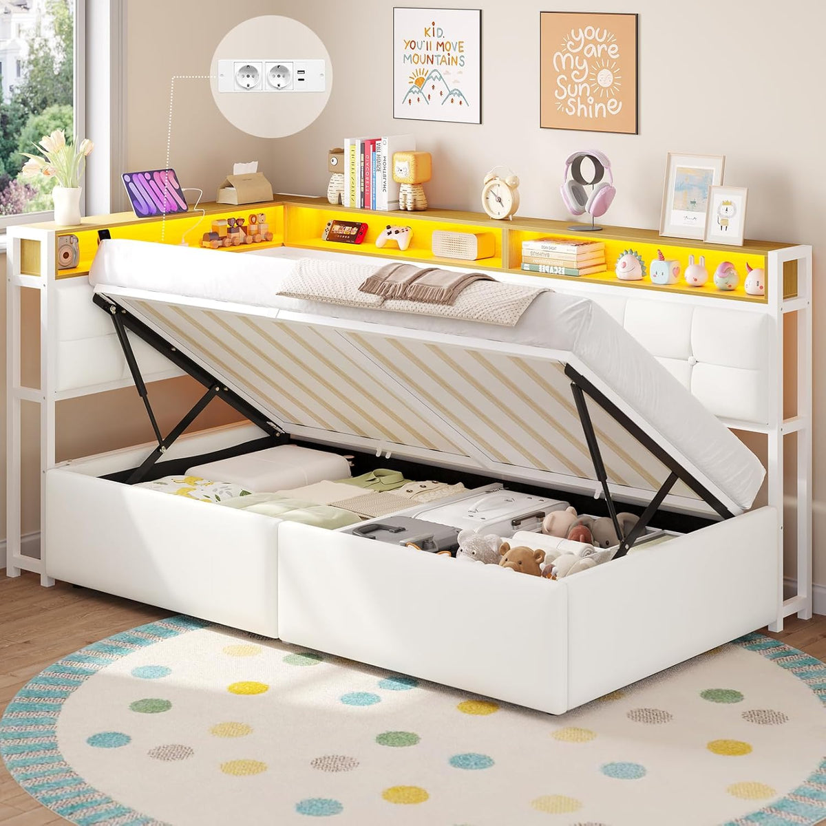 DICTAC Jugendbett 90x200 mit Stauraum, LED & Ladestation | Polsterbett mit hydraulischem Stauraum, zweistöckiges Ablagefach | Tagesbett Einzelbett in weißâ€?für Kinder, Jugendliche & Erwachsene