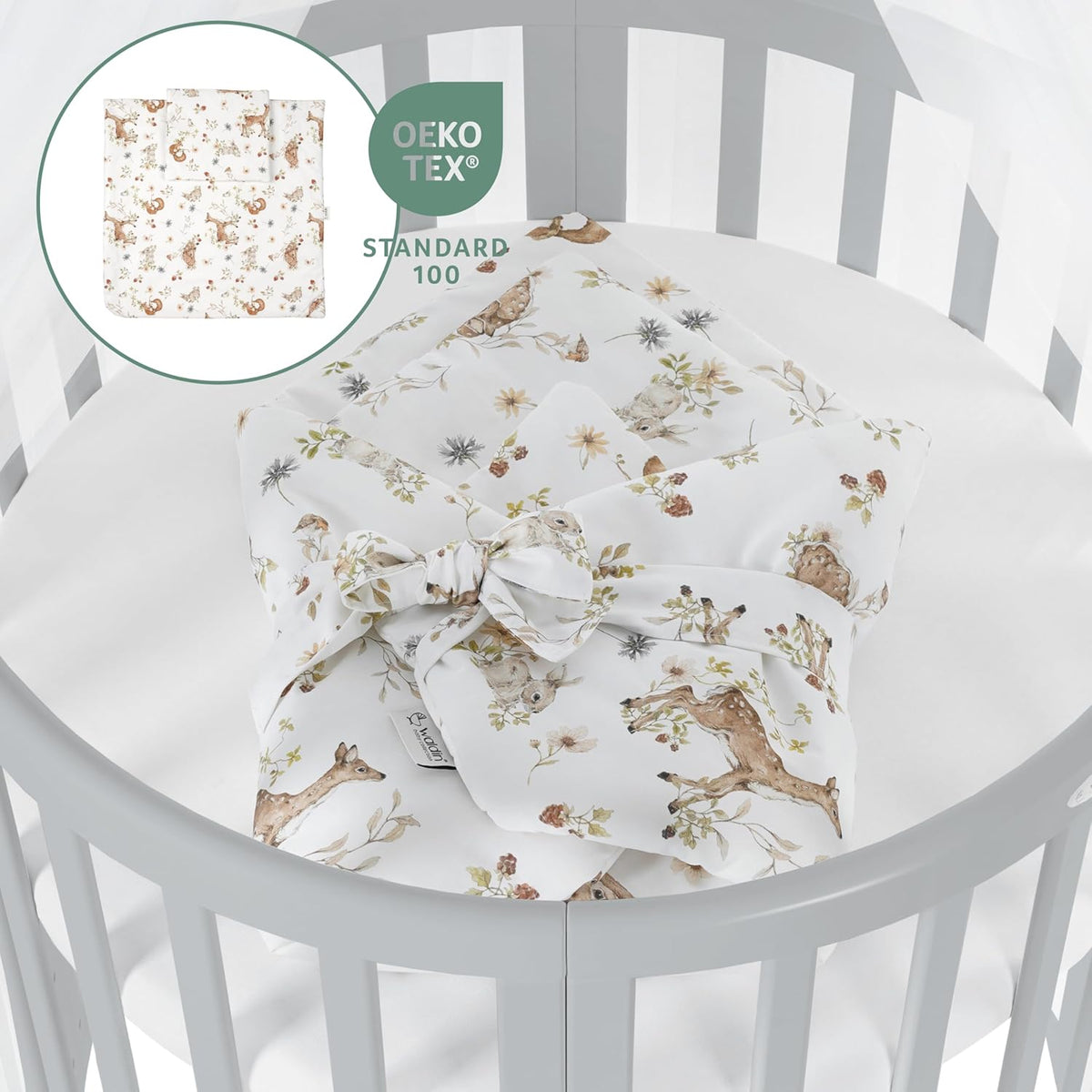 Waldin Oval Baby-Bett Mitwachsend Komplett Set 7in1, Gitterbett, Kinderbett mit Matratze, Wickelkommode, Beistellbett, Holz Weiß