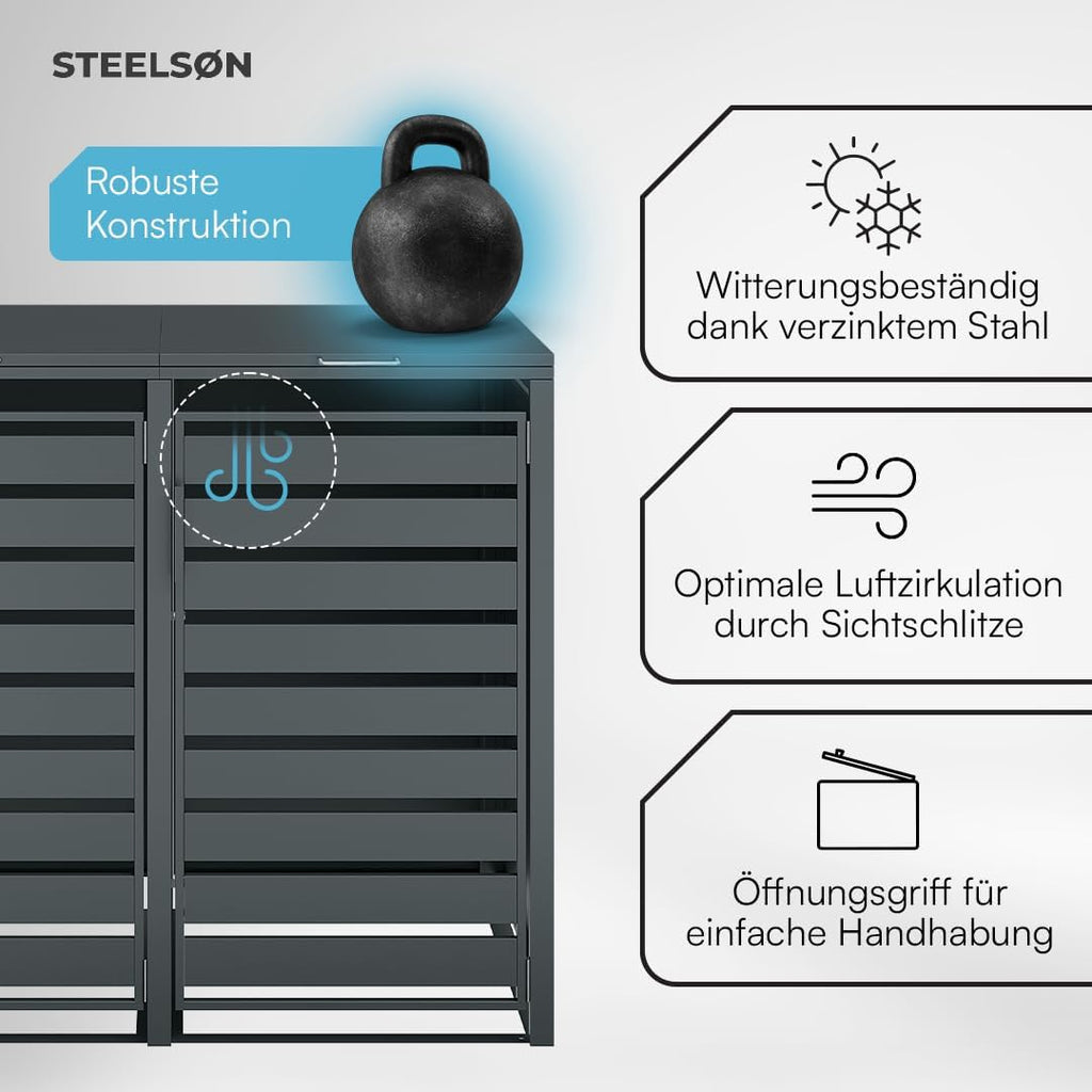 STEELSØN Kestra Mülltonnenbox 4er bis 240L â€?Mülltonnenverkleidung mit Sichtstreifen aus Stahl â€?hochwertige Müllcontainer in Anthrazit für 4 Tonnen â€?Müllbox/Gerätebox wetterfest & UV-beständig