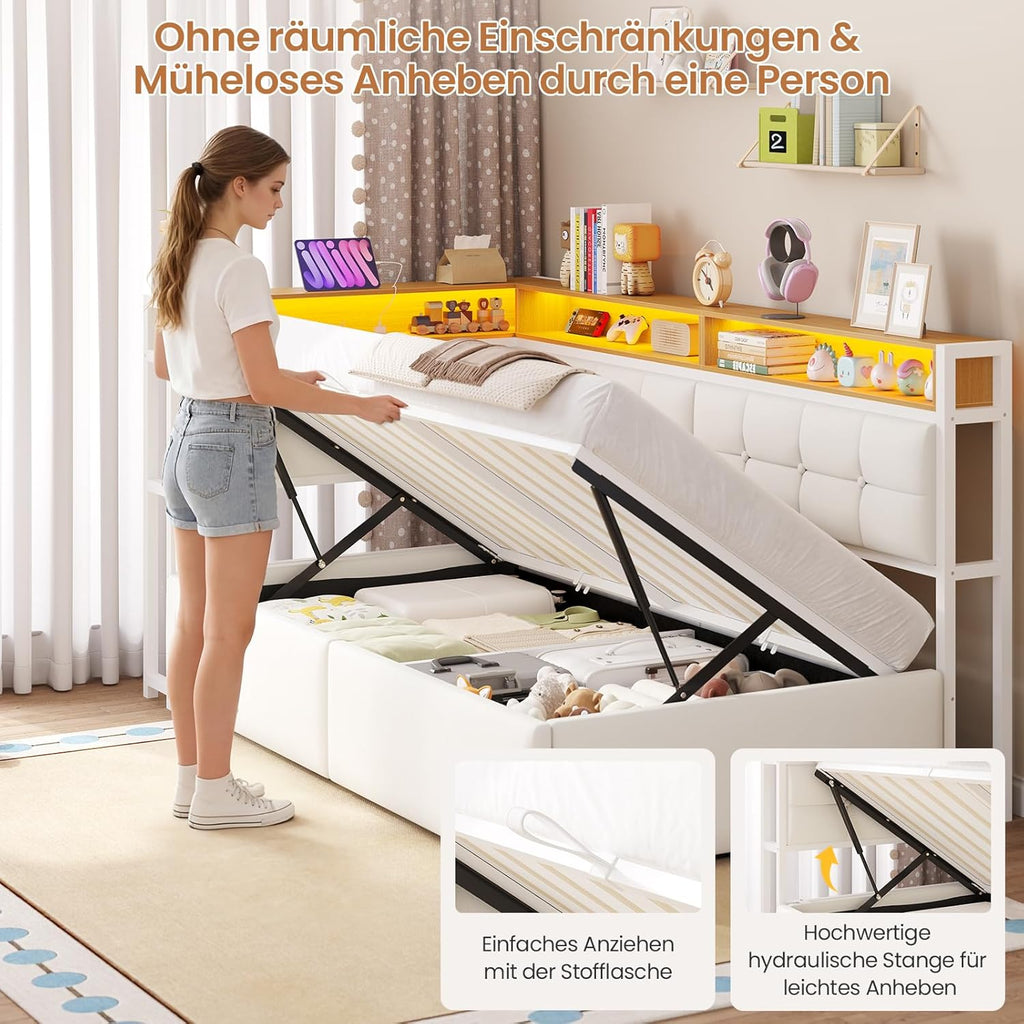 DICTAC Jugendbett 90x200 mit Stauraum, LED & Ladestation | Polsterbett mit hydraulischem Stauraum, zweistöckiges Ablagefach | Tagesbett Einzelbett in weißâ€?für Kinder, Jugendliche & Erwachsene