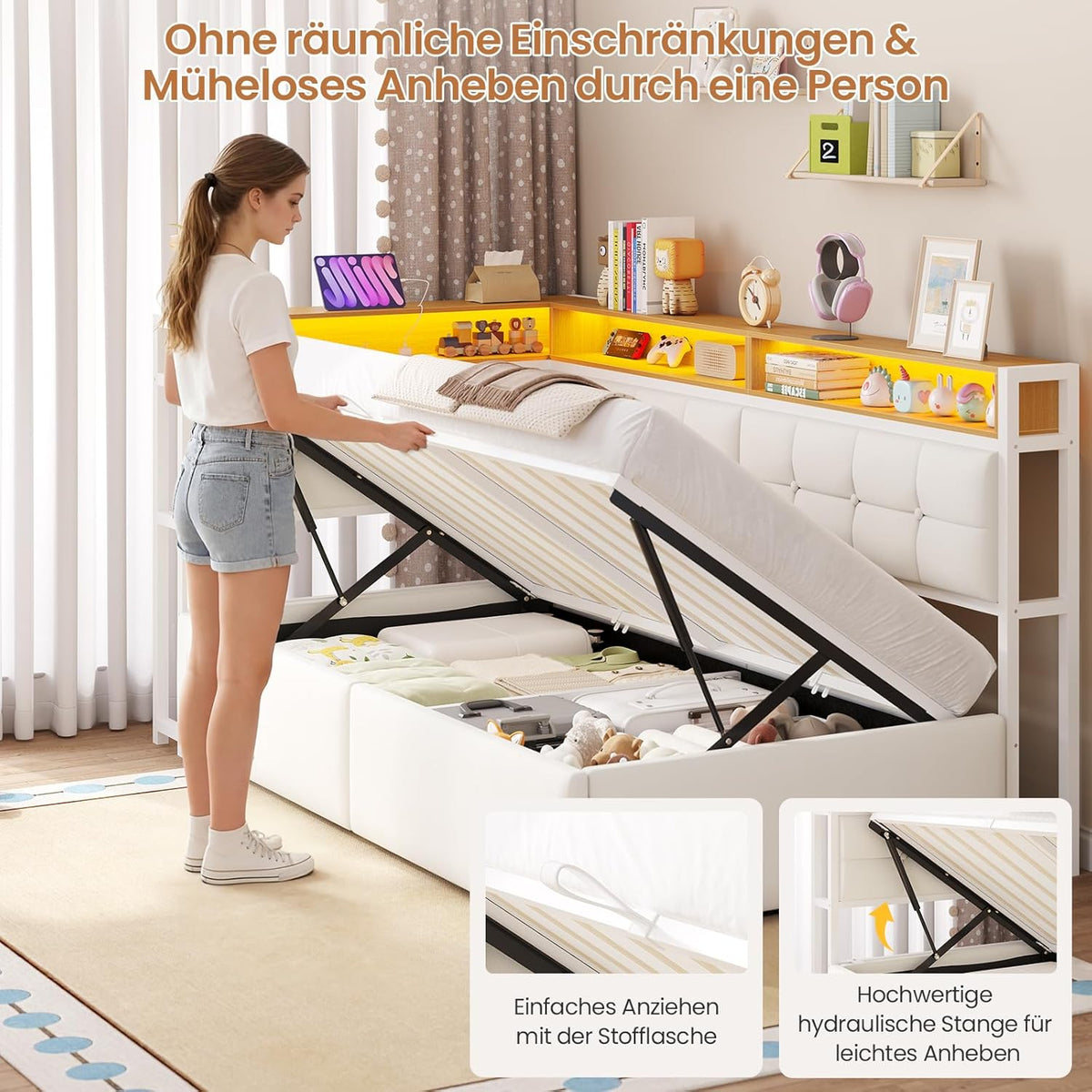 DICTAC Jugendbett 90x200 mit Stauraum, LED & Ladestation | Polsterbett mit hydraulischem Stauraum, zweistöckiges Ablagefach | Tagesbett Einzelbett in weißâ€?für Kinder, Jugendliche & Erwachsene