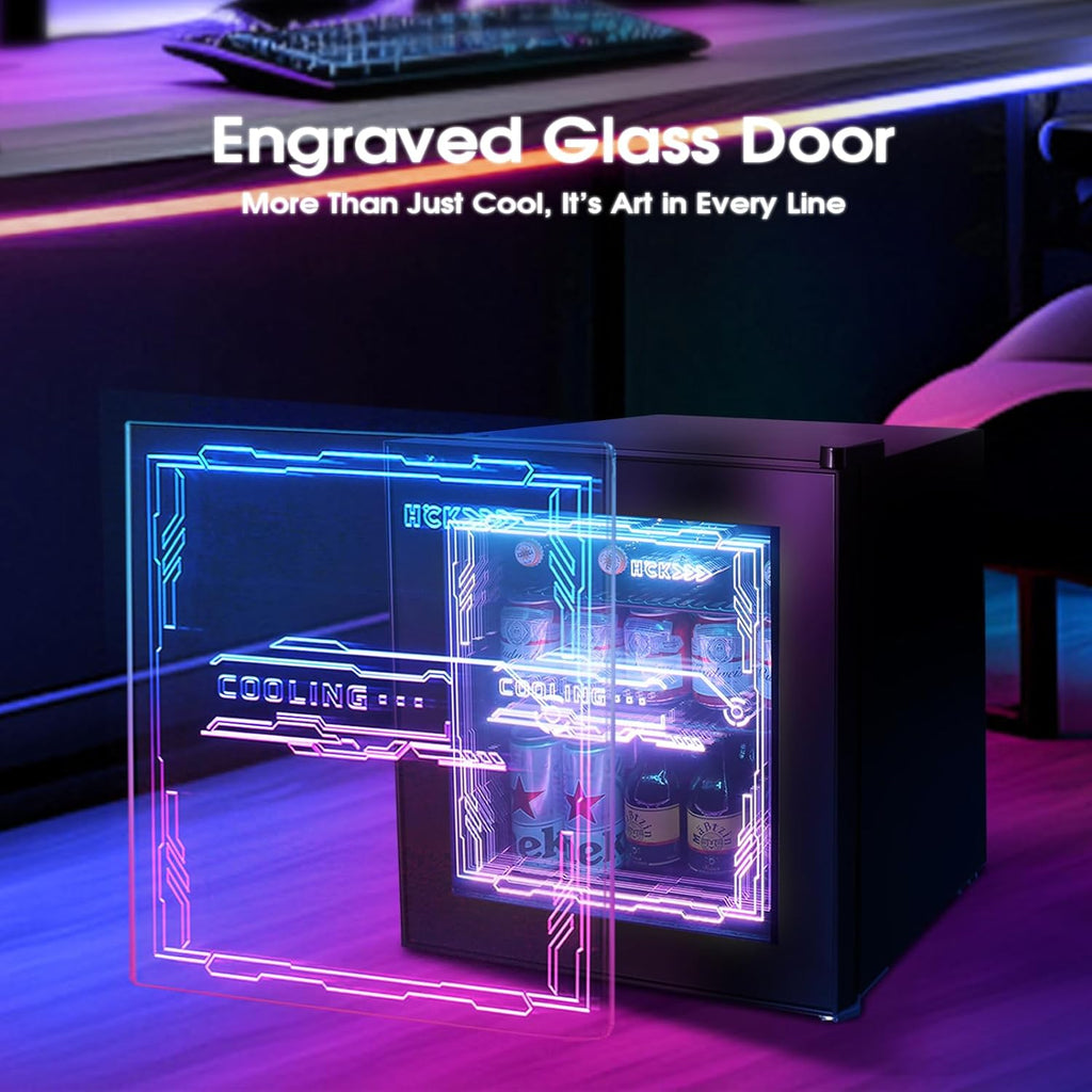 HCK Mini Kühlschrank 48L, Getränkekühlschrank mit Glastür und LED Beleuchtung, Cyberpunk Design, leise 39dB, 0-10â„?Bierkühlschrank für Gaming Room, Party, Bar, Schwarz