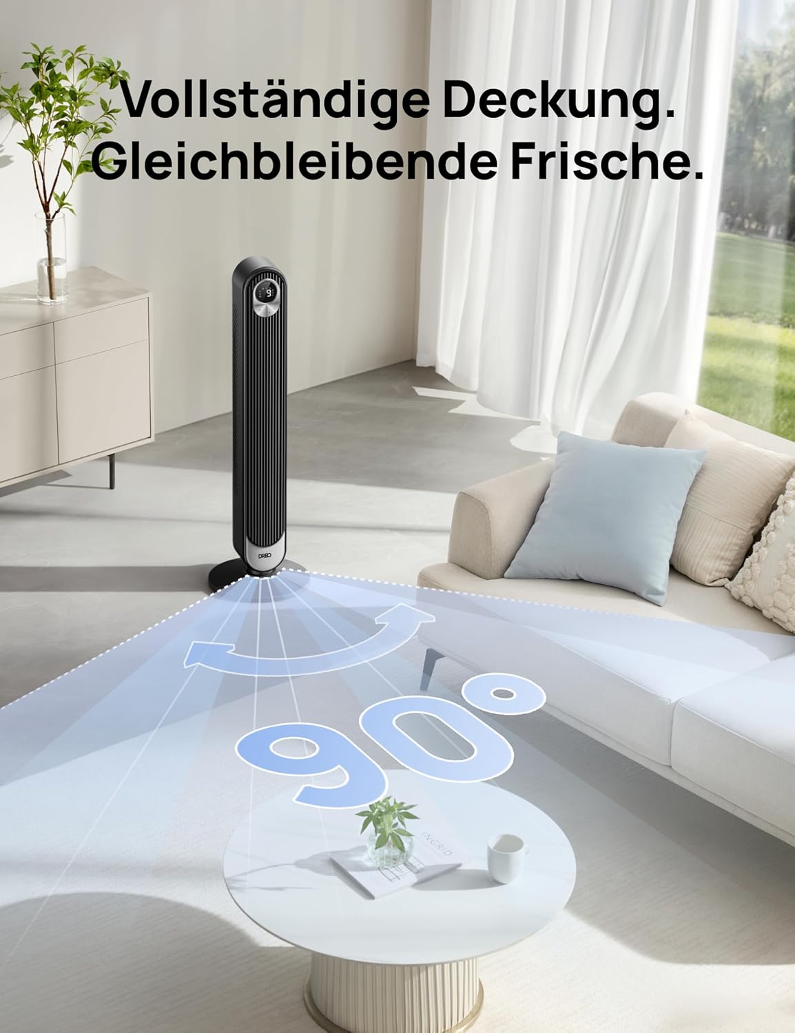 Dreo Smart 20dB DC Motor Turmventilator Leiser, 11M Windentfernung Ventilator mit Fernbedienung,9 Stufen 4 Modi, 90° Oszillierender Standventilator mit Sprachteuerung für Schlafzimmer, 12H Timer
