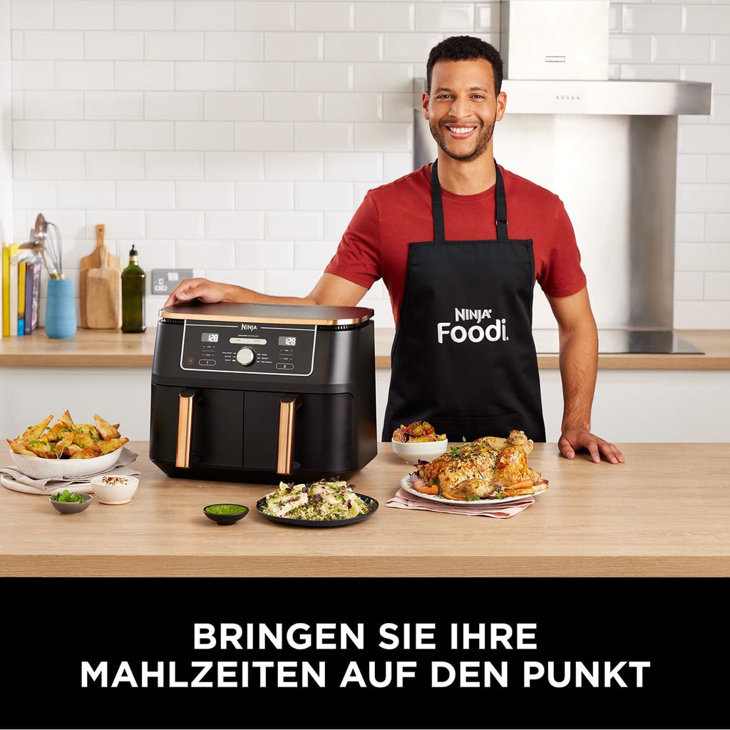 Ninja Foodi MAX Dual Zone Heißluftfritteuse AF400EUCP Amazon Exclusive, â€?470 Watt , 9,5 L, 2 Heißluft-Frittierfächer, 6 Funktionen, 27 x 41.5 x 32.5 cm, Kupfer/Schwarz