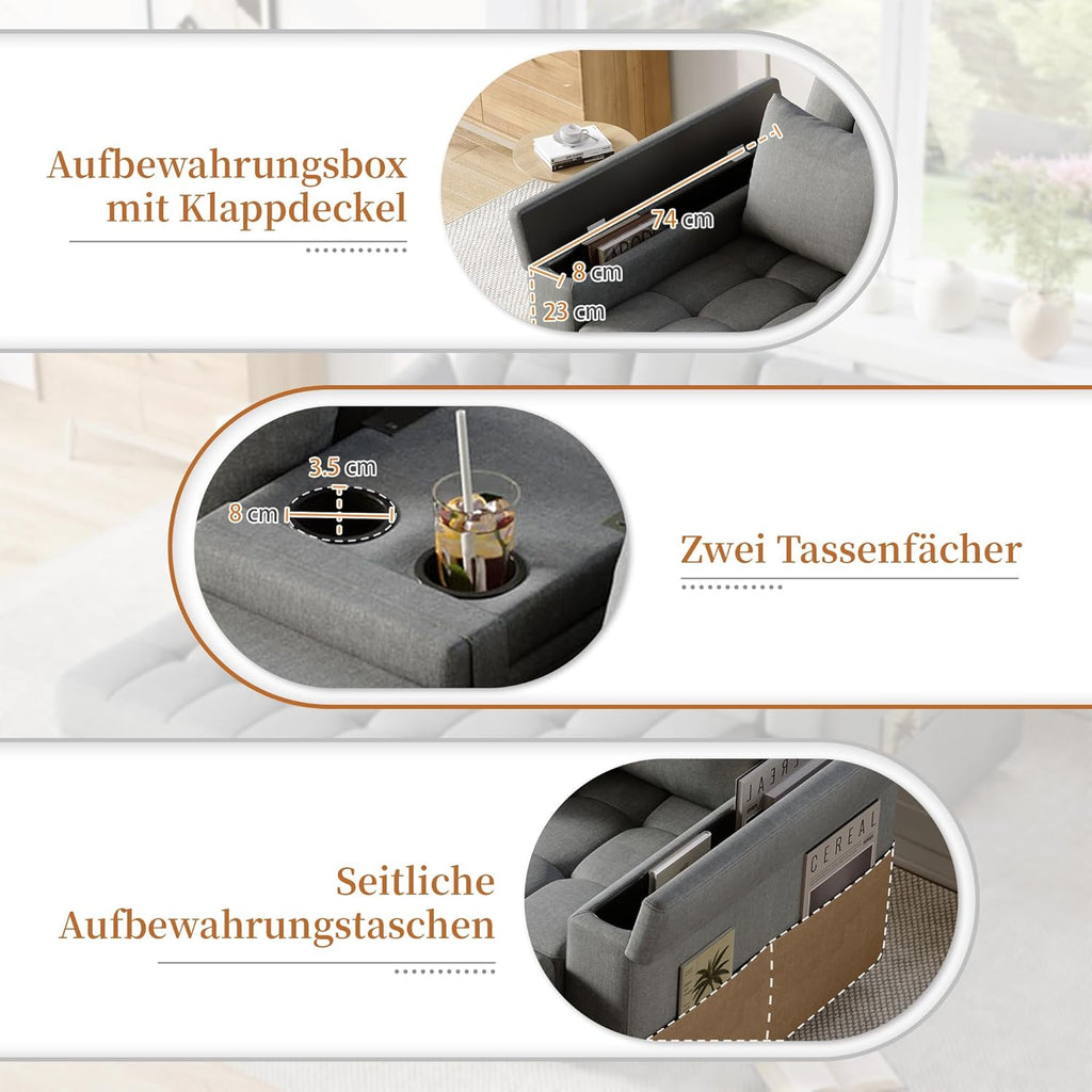 2-Sitzer Schlafsofa mit Stauraum und Verstellbarer Rückenlehne, Sofa mit Armlehnen-Staufächern und Kissen, Vielseitiges Klappsofa für Wohnzimmer, Schlafzimmer oder Wohnung (Grau)