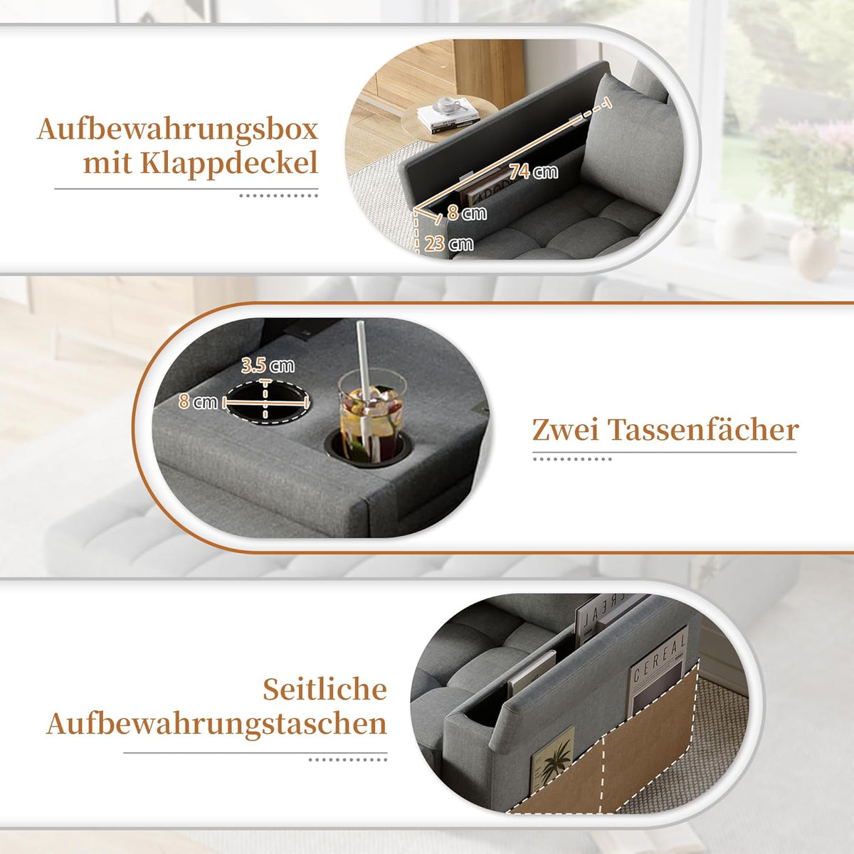 2-Sitzer Schlafsofa mit Stauraum und Verstellbarer Rückenlehne, Sofa mit Armlehnen-Staufächern und Kissen, Vielseitiges Klappsofa für Wohnzimmer, Schlafzimmer oder Wohnung (Grau)