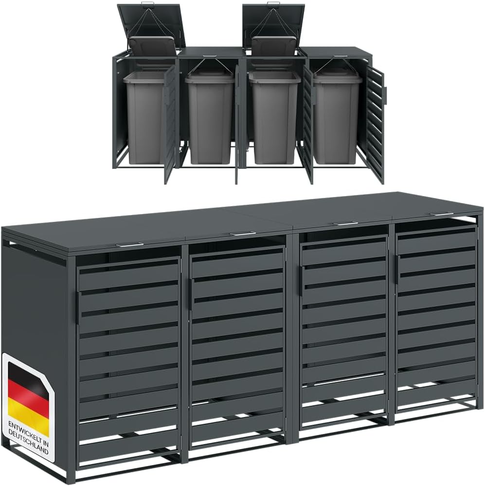 STEELSØN Kestra Mülltonnenbox 4er bis 240L â€?Mülltonnenverkleidung mit Sichtstreifen aus Stahl â€?hochwertige Müllcontainer in Anthrazit für 4 Tonnen â€?Müllbox/Gerätebox wetterfest & UV-beständig