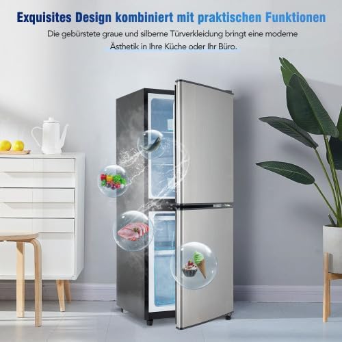 Merax Retro Kühlschrank mit Gefrierfach â€?106L Mini Kühlschrank, 60L Kühlschrank + 46L Gefrierschrank, 7 Temperatureinstellungen, LED-Licht, Silber-Tür, 166 kWh/Jahr, Energieklasse E