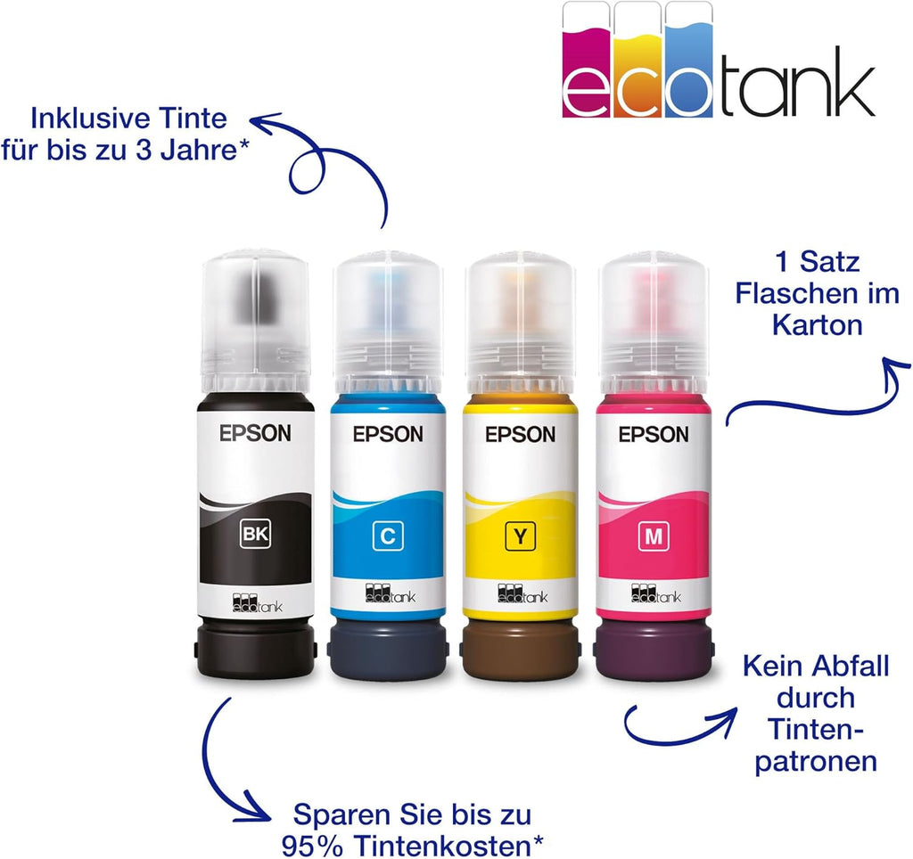 EcoTank ET-2862 Multifunktionsdrucker 3-in-1 A4, nachfüllbare Tanks, hohe Kapazität, 4 Flaschen enthalten 4500 Seiten B/N 7500 Seiten, Farbe, LCD-Display, USB, Wi-Fi/Direct beidseitig, Schwarz