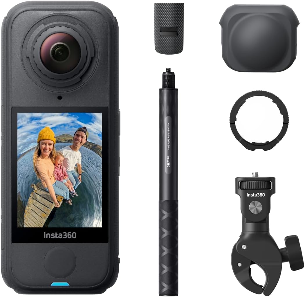 X4 Air Motorrad-MultiView-Bundle - 165 g leichte 8K 360°-Kamera, Unsichtbarer Selfie-Stick, auswechselbare Linsen, Aufnehmen  und  dann ausrichten, integr. Windschutz, FlowState-Stabilisierung
