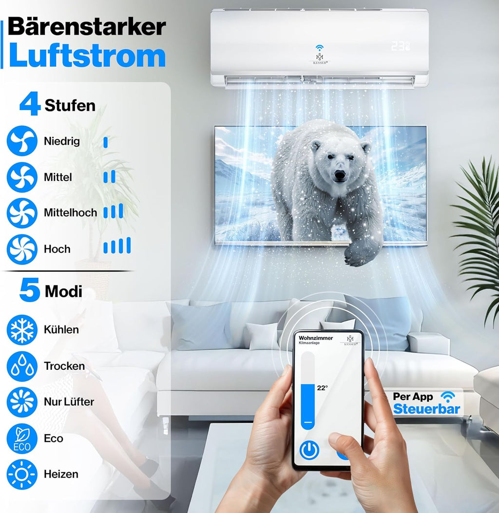 KESSER® Multisplit Klimaanlage 3 Innengeräte, 27000 BTU, Split Klimagerät Set mit WiFi/App, Heizen & Kühlen, Inverter, Eco-Modus, Luftentfeuchter & Ventilator, sehr leise, R32, Montagematerial