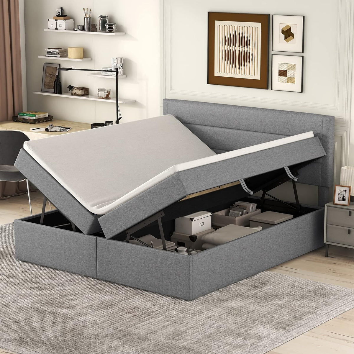 Boxspringbett 140x200 mit Bettkasten, Doppelbett Polsterbett mit Lattenrost, Bett, Betten, Bettgestell mit Stauraum, Schlafzimmer Komplett, Stauraumbett (Grau, Doppelbett 140x200), TkopyBed0615